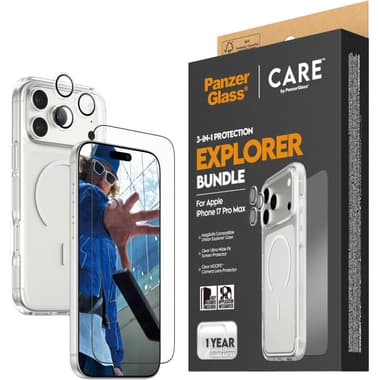 PanzerGlass 3-in-1 Pack Hard MagSafe Case + Ulta-Wide Fit Screen Protector + Hoops Camera Lens Protector Smartphone Case Bundle
for iPhone 17 Pro Max, Clear