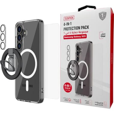 Techpick 4-in-1 Protection Pack MagSafe Hard Case + Tempered Glass + Camera Lens Protector + Magnetic Stand Smartphone Case Bundle
for Samsung Galaxy S25, Clear