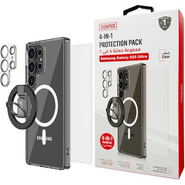 Techpick 4-in-1 Protection Pack MagSafe Hard Case + Tempered Glass + Camera Lens Protector + Magnetic Stand Smartphone Case Bundle
for Samsung Galaxy S25 Ultra, Clear