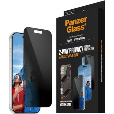 PanzerGlass Ultra-Wide Fit Fastfit In-A-Box Smartphone Screen Protector
for iPhone 17 Pro, Tempered Glass with Black Frame, Privacy