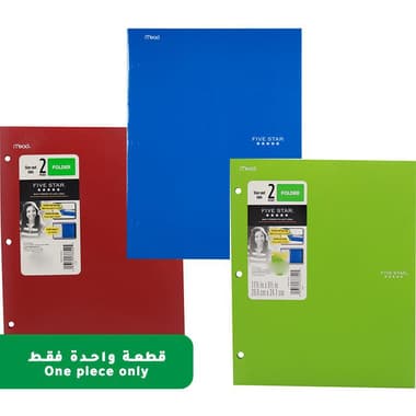 Five Star Stay-Put Flat File Folder
Letter, 2 Pockets, 3 Hole Punched, Color and Design May Vary