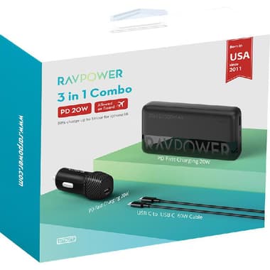 RAVPower 3-in-1 Combo Bundle with Car Charger 20W;USB-C to USB-C 60W Cable
Fast Battery Charging, 20000 mAh, 3 USB (1X USB-C/2X USB), Black