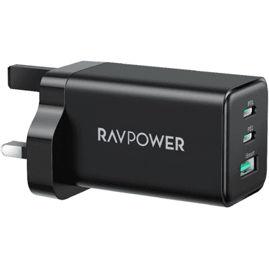 RAVPower 3-Port Wall Charger
USB PD (Power Delivery), 65 Watts, 3 USB (2X USB-C/1X USB), Black