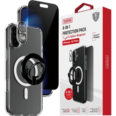 Techpick 4-in-1 Protection Pack Clear Case + Privacy Tempered Glass + Camera Lens Protector + Magnetic Stand Smartphone Case Bundle
for iPhone 16 Plus, Clear