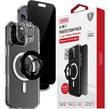 Techpick 4-in-1 Protection Pack Clear Case + Privacy Tempered Glass + Camera Lens Protector + Magnetic Stand Smartphone Case Bundle
for iPhone 16 Pro Max, Clear