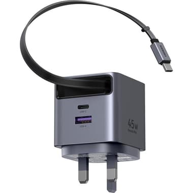 Ugreen Extend 45W GaN Fast Charger with Retractable USB-C Cable
USB PD (Power Delivery), 45 Watts, Dual USB (USB-C (PD)/USB-A), Grey
