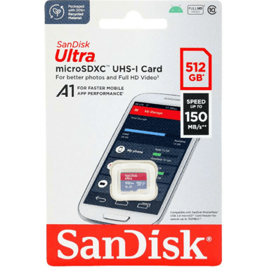 SanDisk Ultra UHS I MicroSDXC
512 GB, Class 10: Max 150 Mbps Speed Performance
