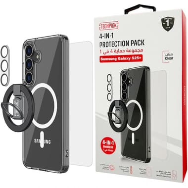 Techpick 4-in-1 Protection Pack MagSafe Hard Case + Tempered Glass + Camera Lens Protector + Magnetic Stand Smartphone Case Bundle
for Samsung Galaxy S25+, Clear