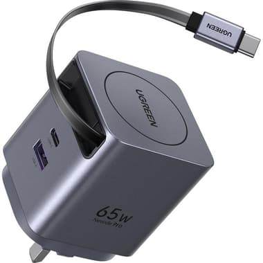 Ugreen Extend 65W GaN Fast Charger with Retractable USB-C Cable
USB PD (Power Delivery), 65 Watts, Dual USB (USB-C (PD)/USB-A), Grey