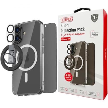 Techpick 4-in-1 Protection Pack Clear Case + Privacy Tempered Glass + Camera Lens Protector + Magnetic Stand Smartphone Case Bundle
for iPhone 17, Clear