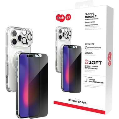 تيك 21 3 في 1 ماغ سيف حزمة حافظة Evo Clear MagSafe + زجاج خصوصية مقاوم للصدمات + واقي عدسة الكاميرا مجموعة حافظة للهاتف الذكي
متوافق مع آيفون 17 برو, شفاف