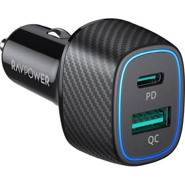 RAVPower Dual Port PD Car Charger
Quick Charge 3.0, 60 Watts, Dual USB (USB-A/USB-C), Black