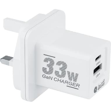 ALFANAR Wall Charger Dual-Port GaN Adapter with PD and QC4+
USB PD (Power Delivery), 33 Watts, Dual USB (USB-C (PD)/USB-A), White