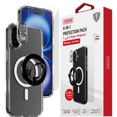 Techpick 4-in-1 Protection Pack MagSafe Hard Case + Tempered Glass + Camera Lens Protector + Magnetic Stand Smartphone Case Bundle
for iPhone 16 Plus, Clear