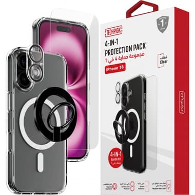 Techpick 4-in-1 Protection Pack MagSafe Hard Case + Tempered Glass + Camera Lens Protector + Magnetic Stand Smartphone Case Bundle
for iPhone 16, Clear