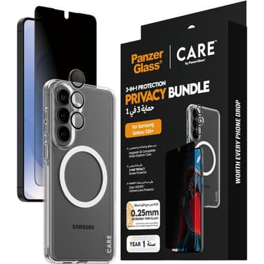 PanzerGlass 3-in-1 Protection Pack Privacy Screen Protector + Urban Explorer Case + Hoops Camera Lens Protector Smartphone Case Bundle
for Samsung Galaxy S26+, Clear