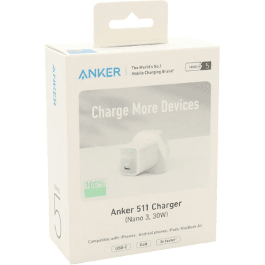 Anker 511 Charger (Nano 3 30W)
Fast Battery Charging, 30 Watts, Single USB-C, White