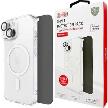 Techpick 3-in-1 Protection Pack MagSafe Hard Case + Privacy Tempered Glass + Camera Lens Protector Smartphone Case Bundle
for iPhone 15, Clear