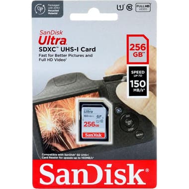 SanDisk Ultra UHS I SDXC Card
256 GB, Class 10: Max 150 Mbps Speed Performance
