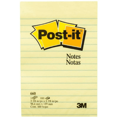3M Post-it 660 Lined Self Stick Notes
Rectangle, 4" X 6", 100 Notes, Yellow