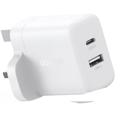 Ugreen X227 USB-C + USB-A 20W PD Charger
USB PD (Power Delivery), 20 Watts, Dual USB (USB-A/USB-C), White