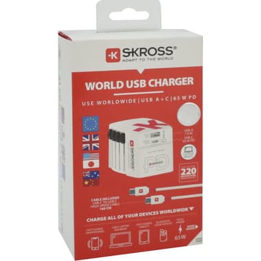 Skross 65W PD
1 USB-A, 1 USB-C, USB-C Cable,Fast Charging Universal Power Adapter