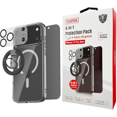 Techpick 4-in-1 Protection Pack Clear Case + Privacy Tempered Glass + Camera Lens Protector + Magnetic Stand Smartphone Case Bundle
for iPhone 17 Pro Max, Clear
