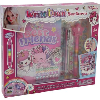 Tokidas Unicorn Diary with Lock & Key
Gem, Sticker, Invisible Pen and Color Ballpens Organizer & Stationary, 12 Items, Pink