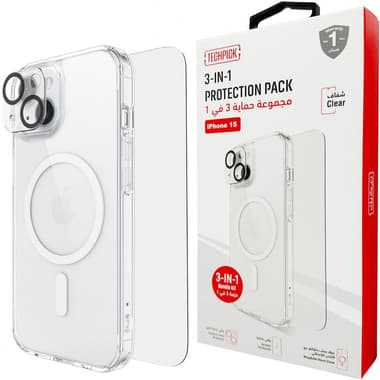 Techpick 3-in-1 Protection Pack MagSafe Hard Case + Tempered Glass + Camera Lens Protector Smartphone Case Bundle
for iPhone 15, Clear