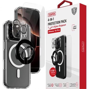 Techpick 4-in-1 Protection Pack MagSafe Hard Case + Tempered Glass + Camera Lens Protector + Magnetic Stand Smartphone Case Bundle
for iPhone 16 Pro, Clear