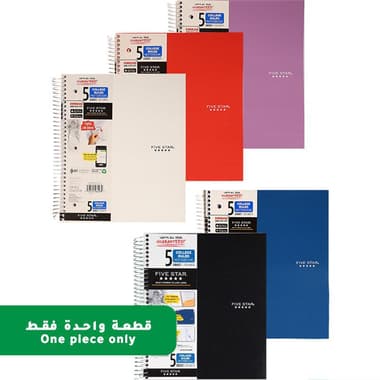 Five Star Notebook
8.5 X 11 in, 400 Pages (200 Sheets), 5 Subjects, College Ruled, Assorted, Color and Design May Vary