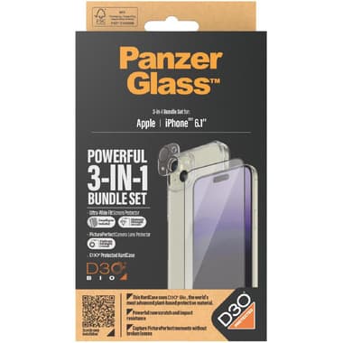 PanzerGlass 3-in-1 Pack Hard Case with D3O Protection + Screen Protector + Camera Lens Protector Smartphone Case Bundle
for iPhone 15, Clear