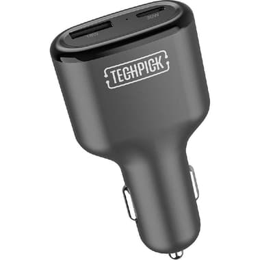 Techpick Car Charger
USB PD (Power Delivery), 48 Watts, Dual USB (USB-C (PD)/USB-A), Black