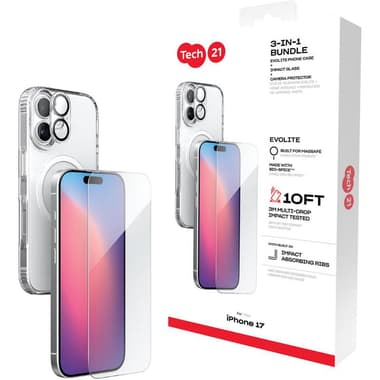Tech21 3-in-1 MagSafe Bundle Evo Clear MagSafe Case + Impact Glass Screen Protector + Camera Lens Protector Smartphone Case Bundle
for iPhone 17, Clear