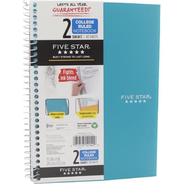 Five Star Notebook
9.5 X 6 in, 160 Pages (80 Sheets), 2 Subjects, College Ruled