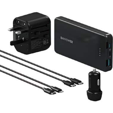 راف باور 5 في 1 ترافل كومبو مع شاحن حائطي؛ كابل USB-C الى USB-C؛ USB-C الى اضاءة؛ شاحن سيارة
شحن سريع للبطارية, 10000 مللي امبير, اسود