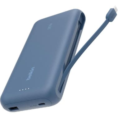 Belkin BoostCharge Power Bank 20000 mAh with Integrated Cable
PD Fast Charging, 20000 mAh, 2 USB (1X USB/1X USB-C), Blue