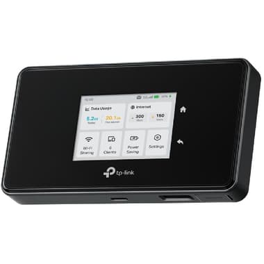 TP-Link M8550 5G Portable Router
up to 3600 Mbps, up to 32 Devices, Tri-Band (2.4 GHz/5 GHz/6 GHz), Wi-Fi 6E (802.11ax), Single Port (GbE), Black