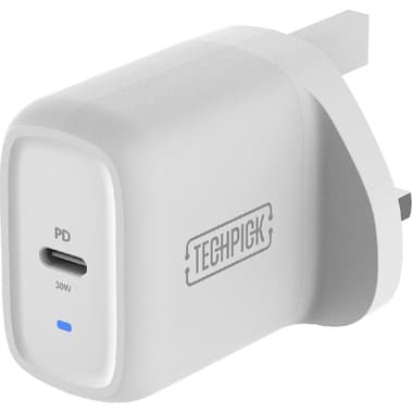 Techpick USB-C PD 3.0 PPS Wall Charger
USB PD (Power Delivery), 30 Watts, Single USB-C, White
