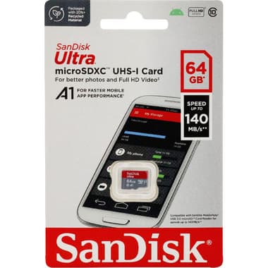 SanDisk Ultra UHS I MicroSDXC
64 GB, Class 10: Max 140 Mbps Speed Performance
