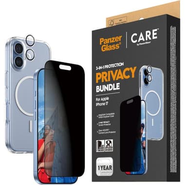 PanzerGlass 3-in-1 Pack Hard MagSafe Case + Privacy Screen Protector + Hoops Camera Lens Protector Smartphone Case Bundle
for iPhone 17, Clear