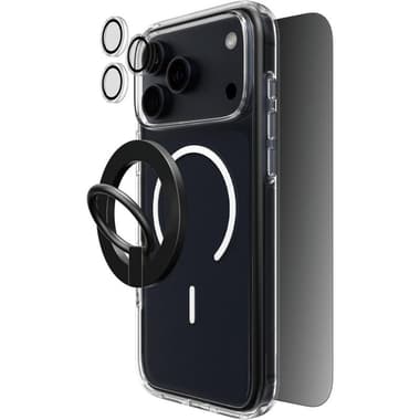 Techpick 4-in-1 Protection Clear Case + Privacy Tempered Glass + Camera Lens Protector + Magnetic Stand Smartphone Case Bundle
for iPhone 17 Pro Max, Clear