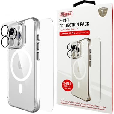 Techpick 3-in-1 Protection Pack MagSafe Hard Case + Tempered Glass + Camera Lens Protector Smartphone Case Bundle
for iPhone 15 Pro, Clear
