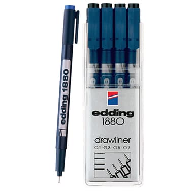 Edding Drawliner 1880 Drawing Pen
Black Ink Color, 0.1;0.3;0.5;0.7 mm, Metal Framed Round Fiber Tip, 4 Pieces