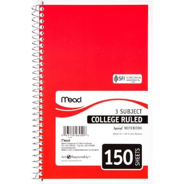 Mead Notebook
6 X 9.5 in, 300 Pages (150 Sheets), 3 Subjects, College Ruled, Color and Design May Vary
