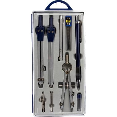 Drawing and Measuring Instrument Set
Compass;Divider;Ink Attachment;Extension;Mechanical Pencil;Lead;Sharpener, Plastic/Zinc