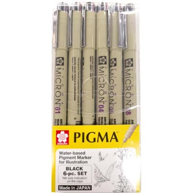 Sakura Pigma Micron Drawing Pen
Black Ink Color, 0.25;0.3;0.35;0.4;0.45;0.5 mm, Fine Tip, 6 Pieces
