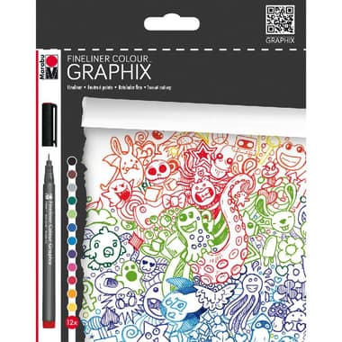 Marabu Graphix Fineliner Colour Fineliner Pen
Assorted Ink Color, 0.5 mm, Fine Tip, 12 Colors