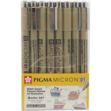 Sakura Pigma Micron 01 Drawing Pen
Assorted Ink Color, 0.01 mm, Fine Tip, 8 Pieces