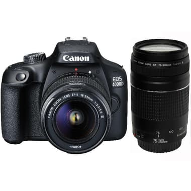 Canon EOS 4000D (NIS) DSLR Camera
18 MP, CMOS, Full HD 1920 X 1080p/30fps, with 18 - 55 mm (NIS) + 75 - 300 mm Lens (NIS)